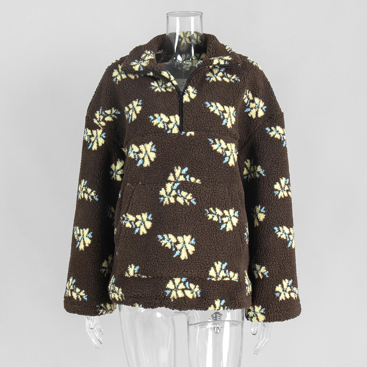 Cozy Sherpa Half Zip Jacket with Flower Pattern - Coffee