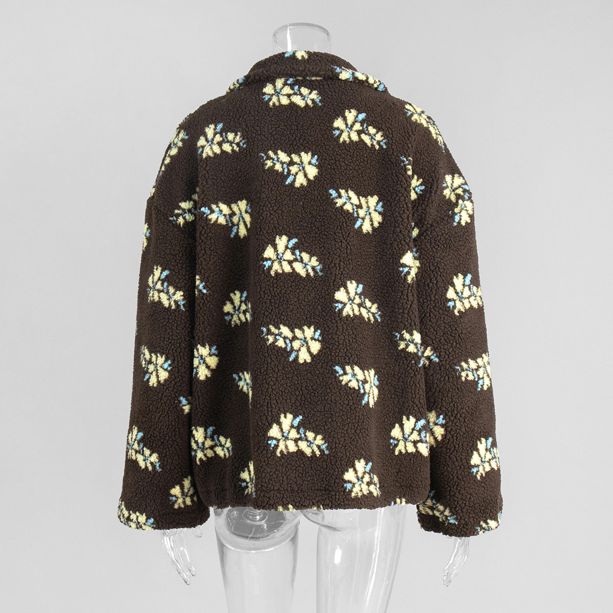 Cozy Sherpa Half Zip Jacket with Flower Pattern - Coffee - 1