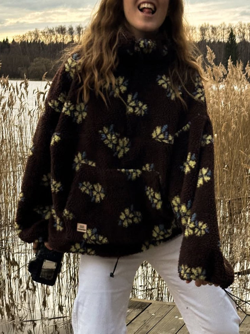 Cozy Sherpa Half Zip Jacket with Flower Pattern - Coffee - 2