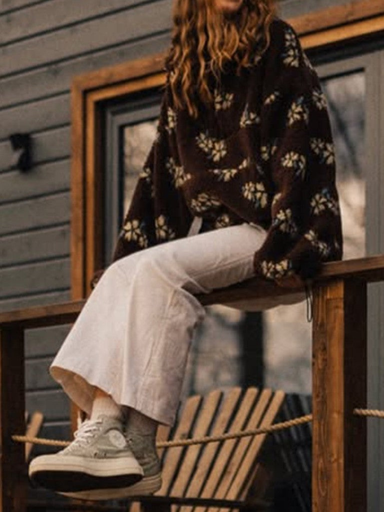Cozy Sherpa Half Zip Jacket with Flower Pattern - Coffee - 3