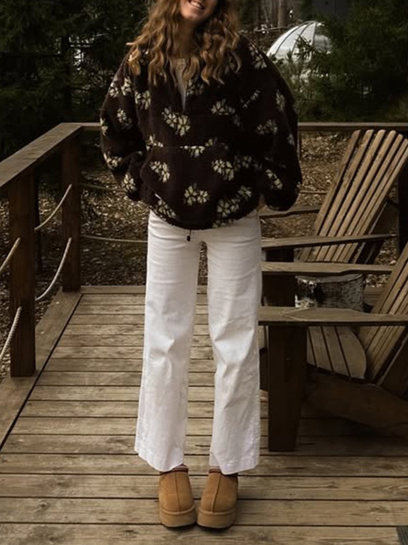 Cozy Sherpa Half Zip Jacket with Flower Pattern - Coffee - 4