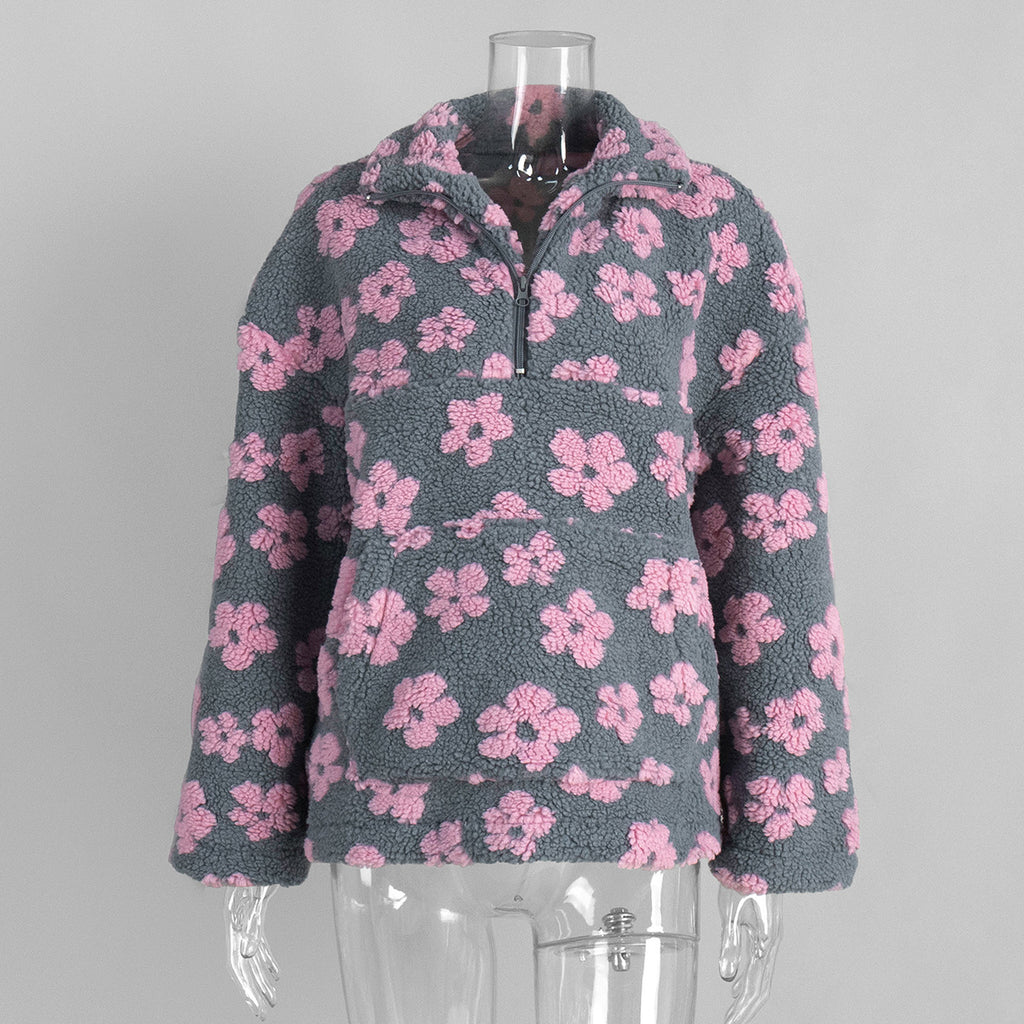 Cozy Sherpa Half Zip Jacket with Flower Pattern - CreyPink