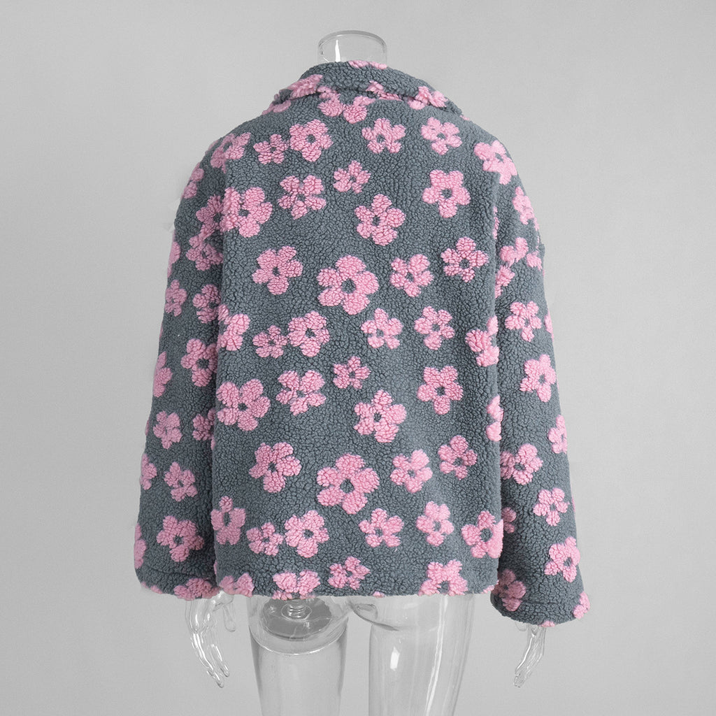 Cozy Sherpa Half Zip Jacket with Flower Pattern - CreyPink - 1