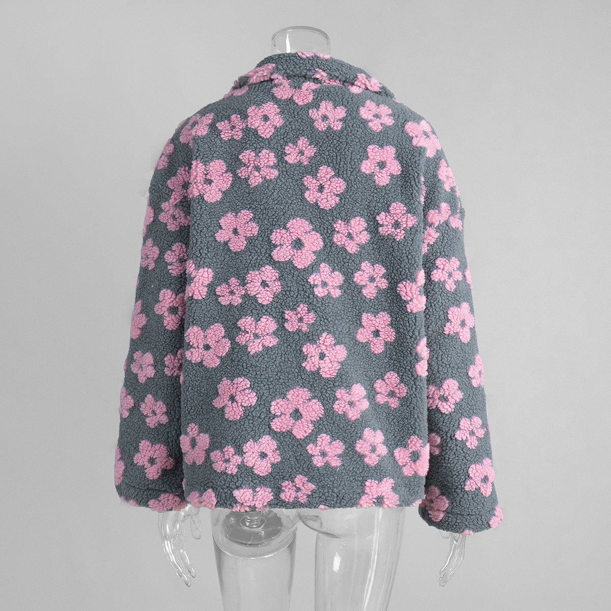 Cozy Sherpa Half Zip Jacket with Flower Pattern - CreyPink - 1