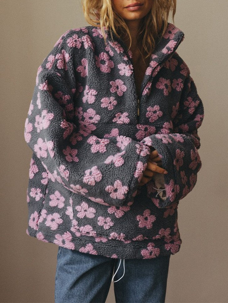 Cozy Sherpa Half Zip Jacket with Flower Pattern - CreyPink - 2