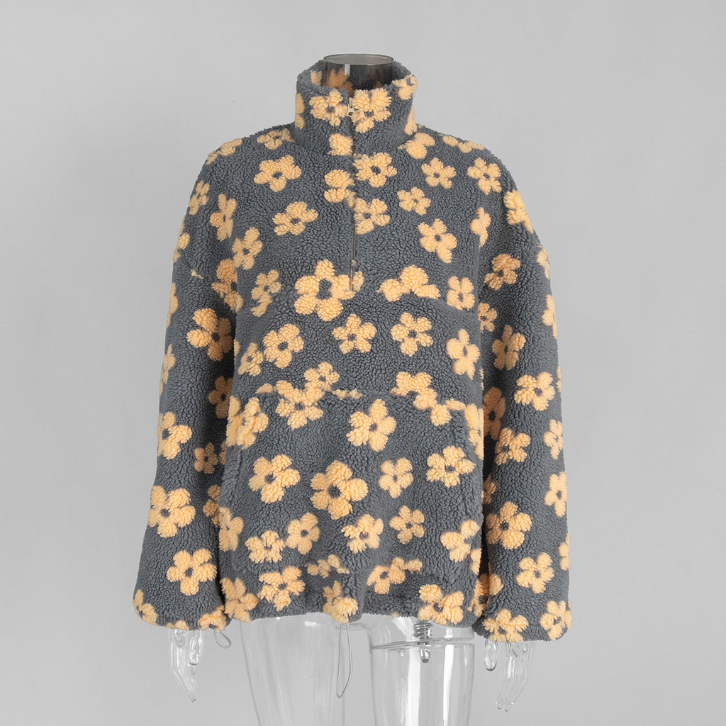 Cozy Sherpa Half Zip Jacket with Flower Pattern - CreyYellow