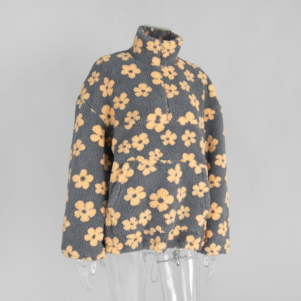 Cozy Sherpa Half Zip Jacket with Flower Pattern - CreyYellow - 1