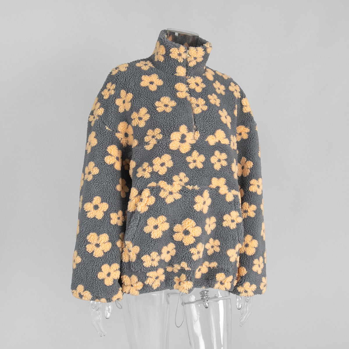 Cozy Sherpa Half Zip Jacket with Flower Pattern - CreyYellow - 1