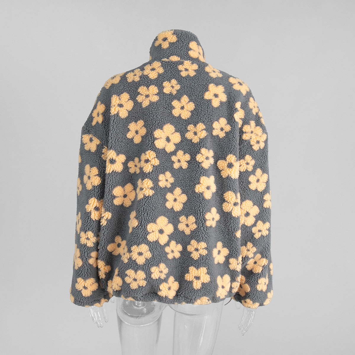 Cozy Sherpa Half Zip Jacket with Flower Pattern - CreyYellow - 2
