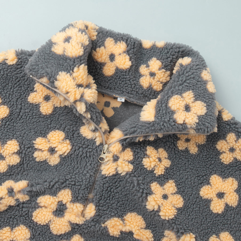 Cozy Sherpa Half Zip Jacket with Flower Pattern - CreyYellow - 3