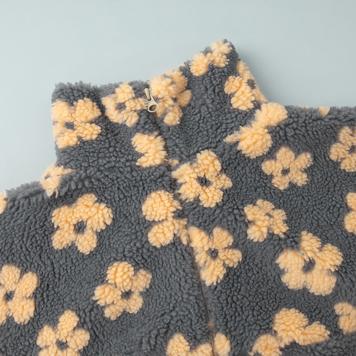 Cozy Sherpa Half Zip Jacket with Flower Pattern - CreyYellow - 4