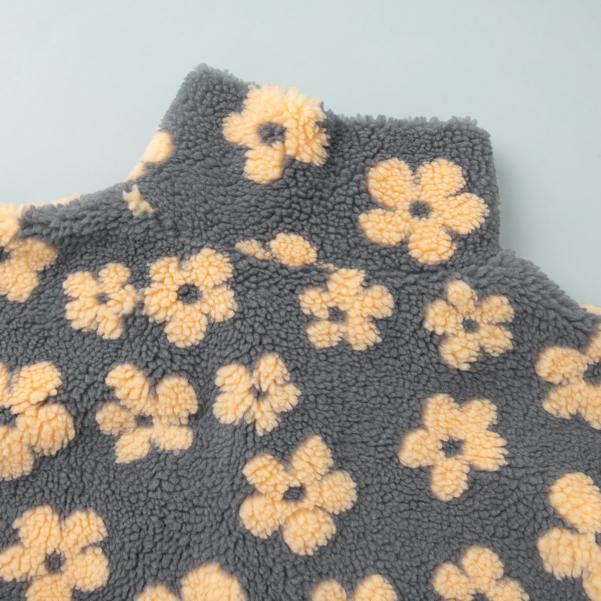 Cozy Sherpa Half Zip Jacket with Flower Pattern - CreyYellow - 5
