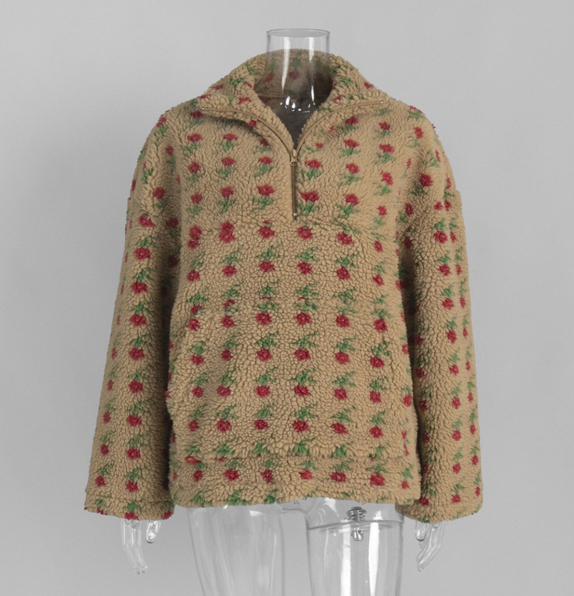 Cozy Sherpa Half Zip Jacket with Flower Pattern - Khaki - 1
