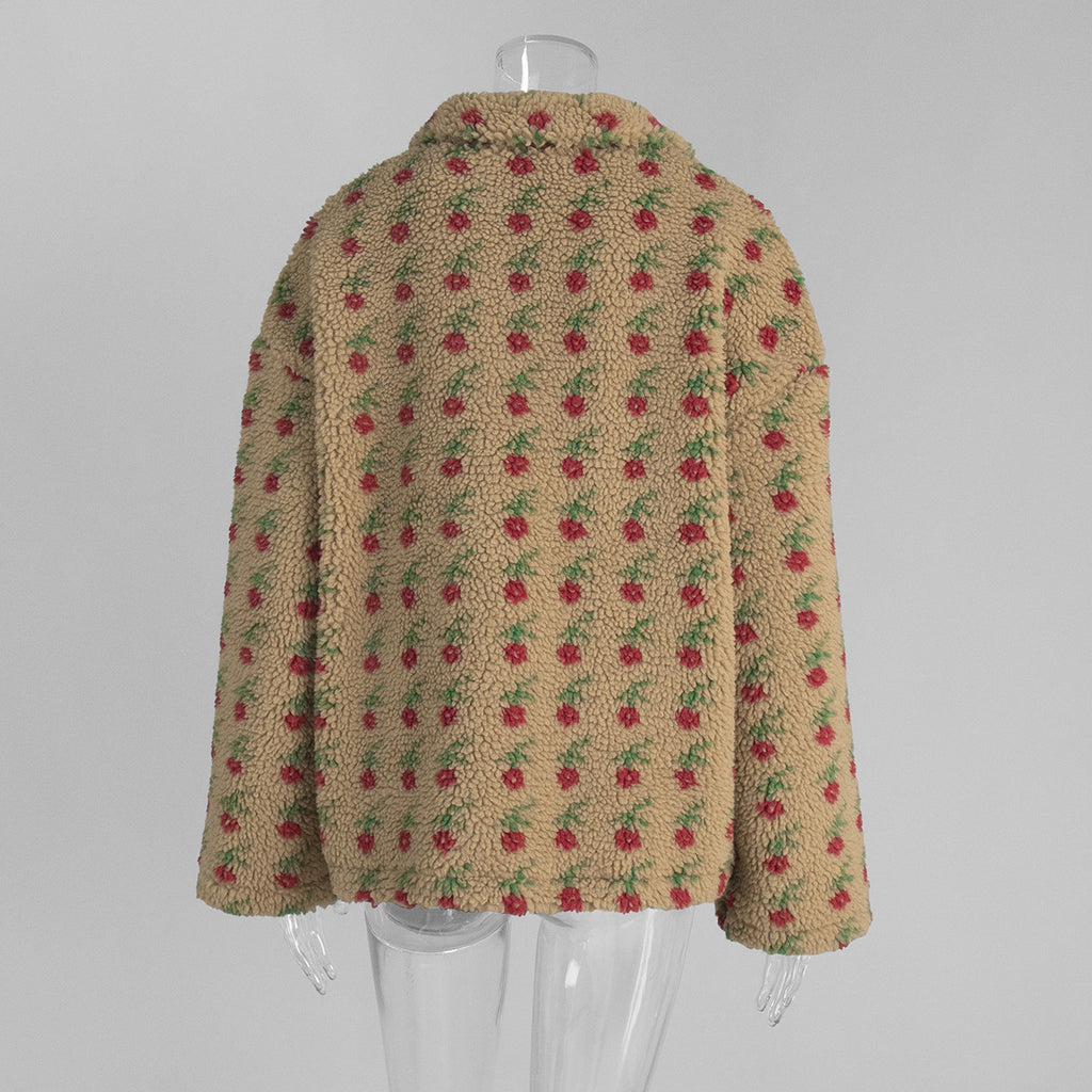 Cozy Sherpa Half Zip Jacket with Flower Pattern - Khaki - 2