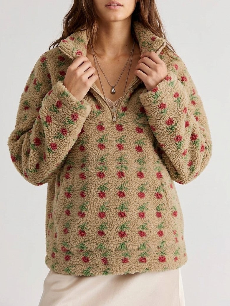 Cozy Sherpa Half Zip Jacket with Flower Pattern - Khaki - 3