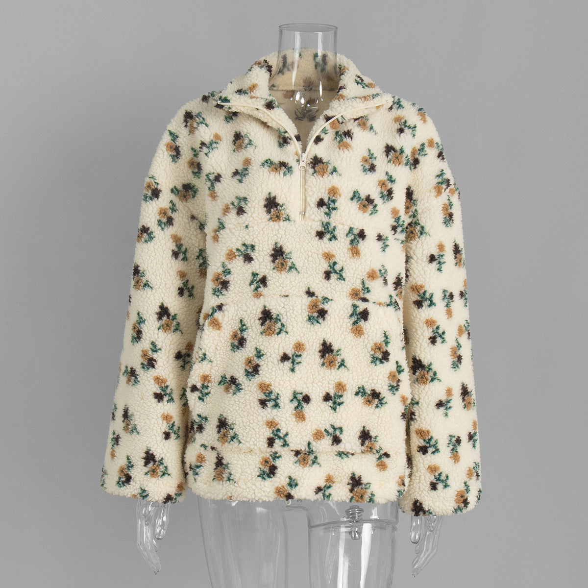 Cozy Sherpa Half Zip Jacket with Flower Pattern - OffWhite