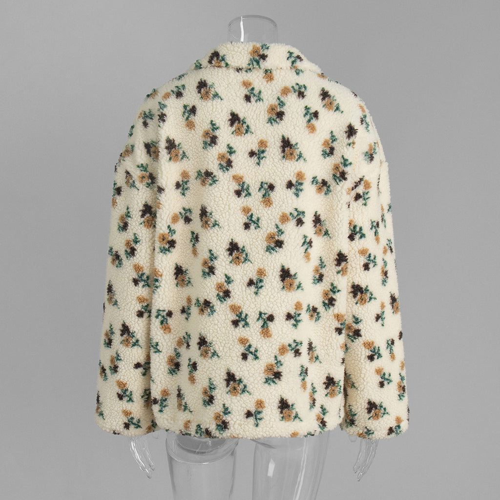 Cozy Sherpa Half Zip Jacket with Flower Pattern - OffWhite - 1