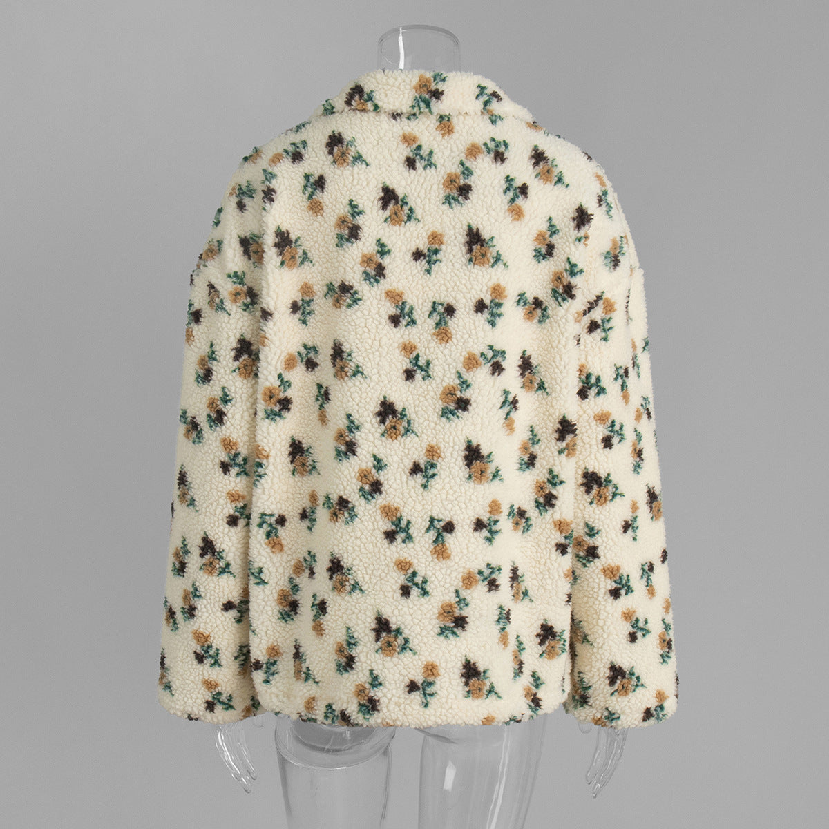 Cozy Sherpa Half Zip Jacket with Flower Pattern - OffWhite - 1