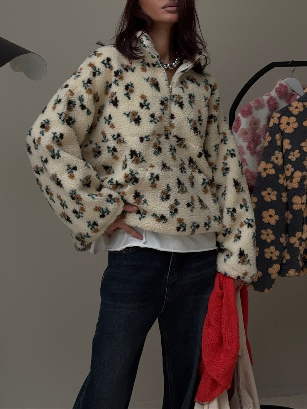 Cozy Sherpa Half Zip Jacket with Flower Pattern - OffWhite - 2