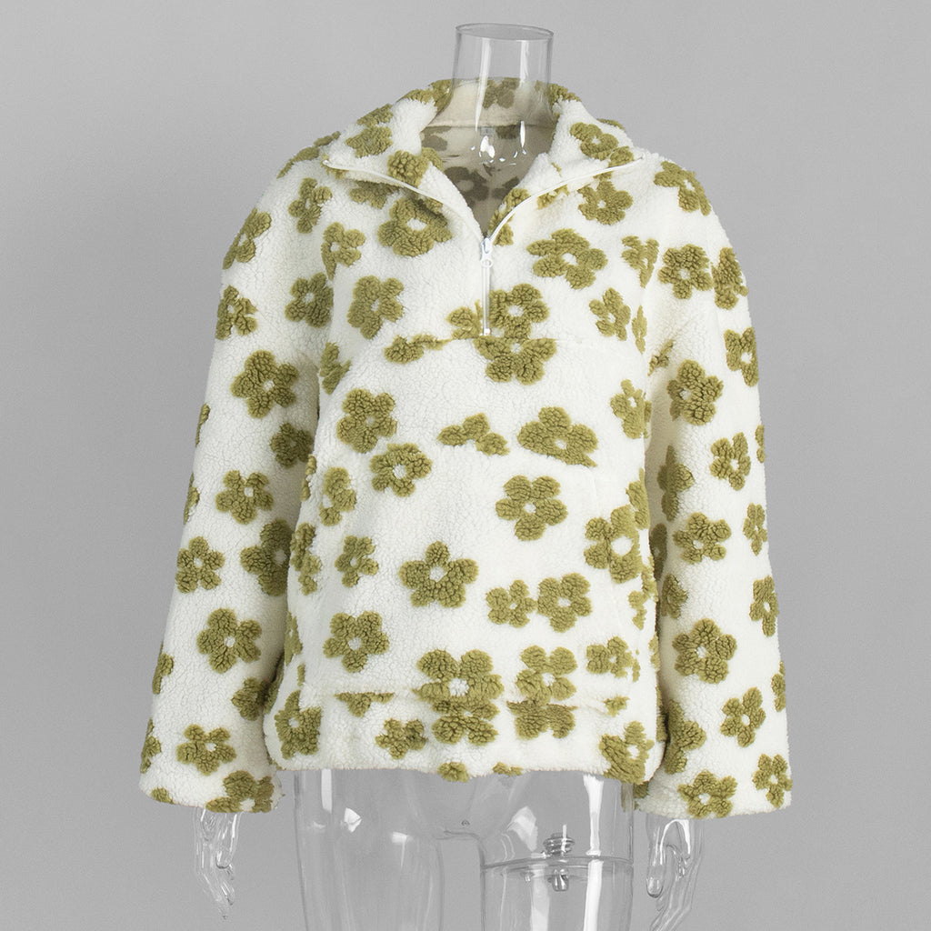 Cozy Sherpa Half Zip Jacket with Flower Pattern - WhiteGreen
