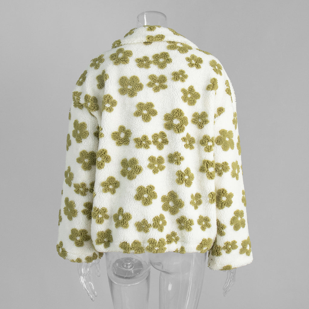 Cozy Sherpa Half Zip Jacket with Flower Pattern - WhiteGreen - 1