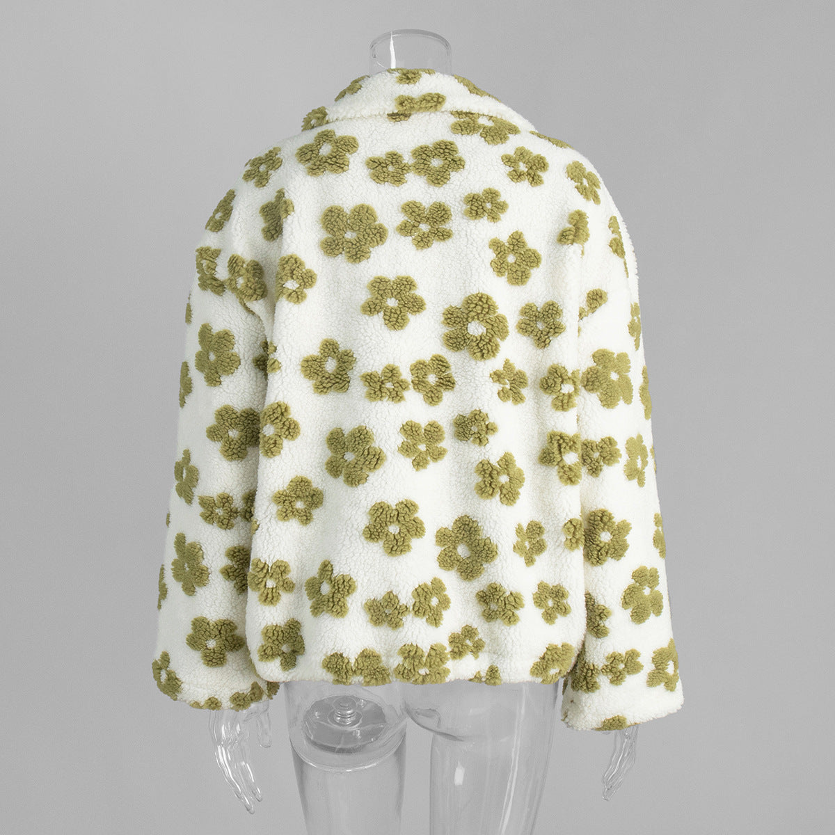 Cozy Sherpa Half Zip Jacket with Flower Pattern - WhiteGreen - 1