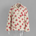 Cozy Sherpa Half Zip Jacket with Flower Pattern - WhiteRed