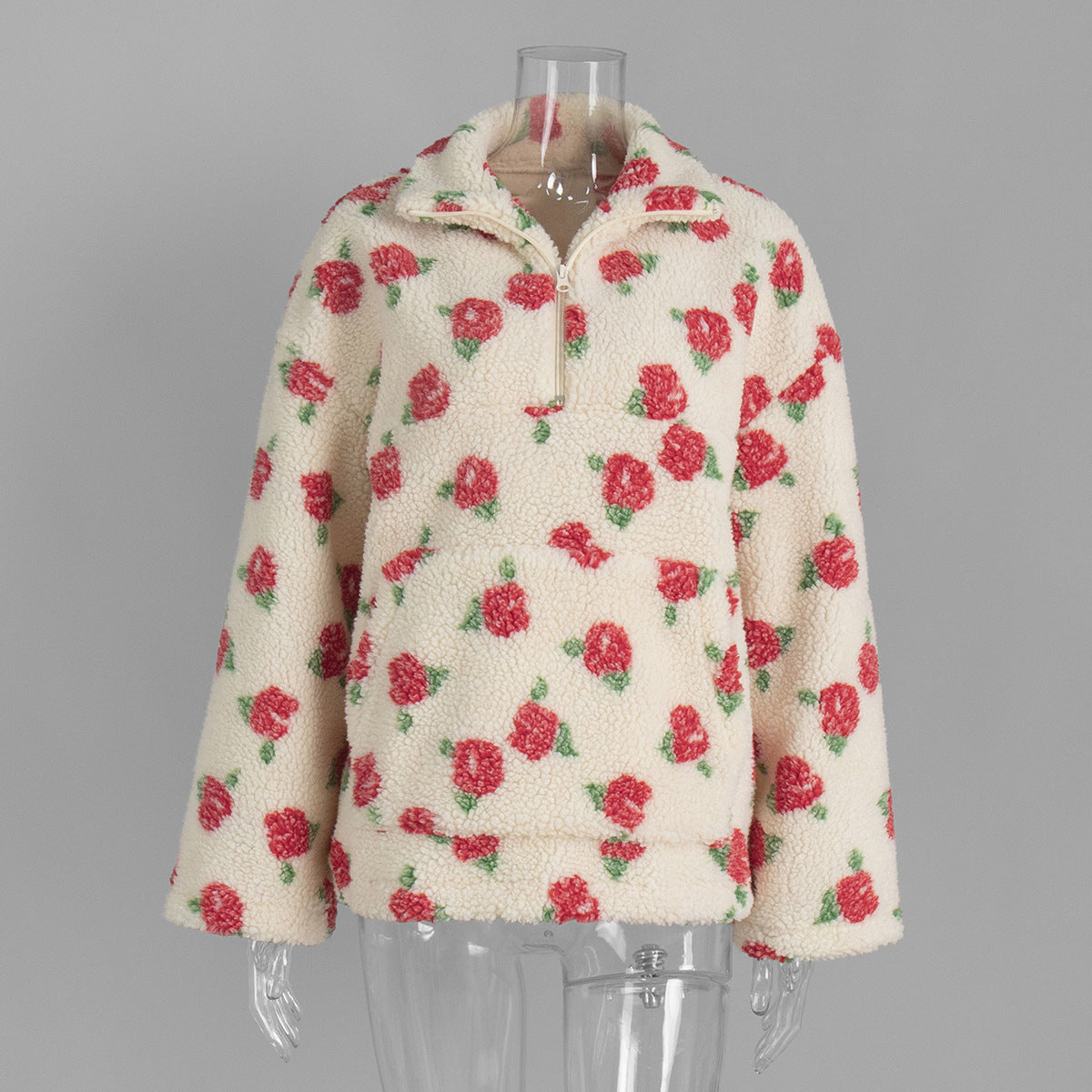 Cozy Sherpa Half Zip Jacket with Flower Pattern - WhiteRed