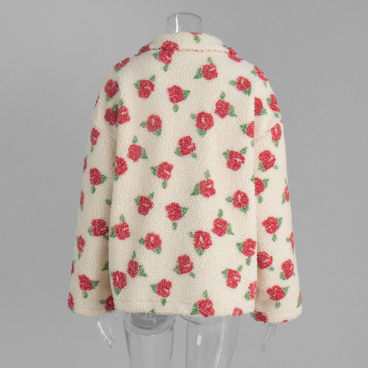Cozy Sherpa Half Zip Jacket with Flower Pattern - WhiteRed - 1