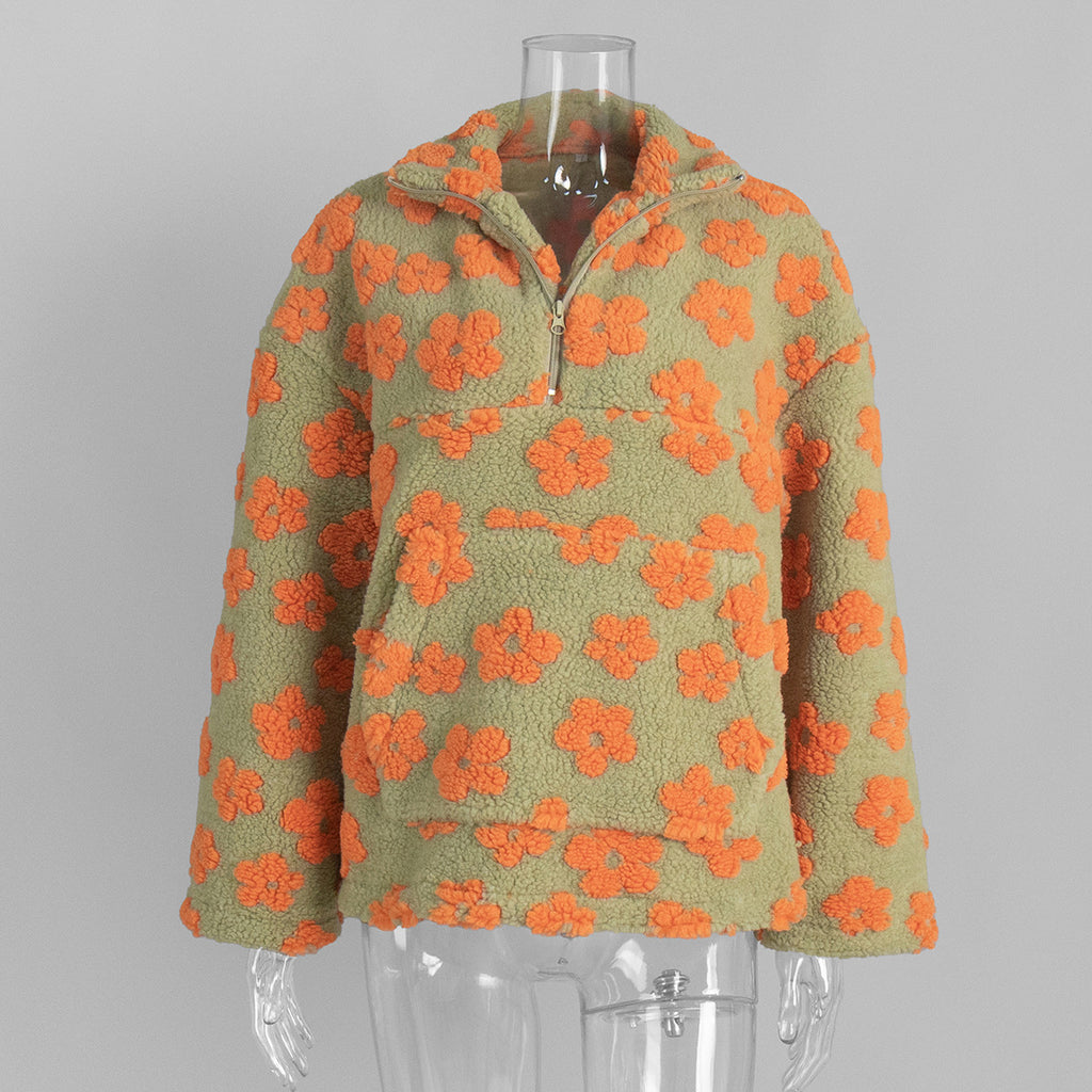 Cozy Sherpa Half Zip Jacket with Flower Pattern - YellowGreen