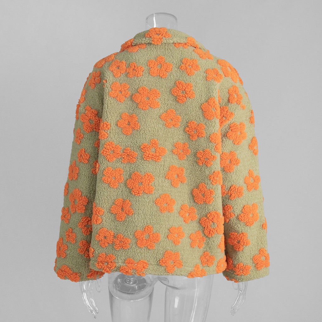 Cozy Sherpa Half Zip Jacket with Flower Pattern - YellowGreen - 1
