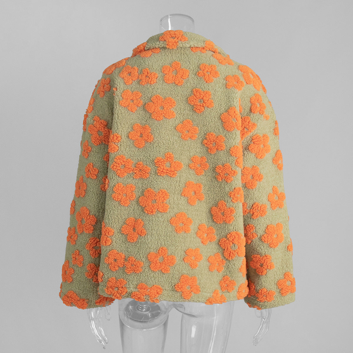 Cozy Sherpa Half Zip Jacket with Flower Pattern - YellowGreen - 1