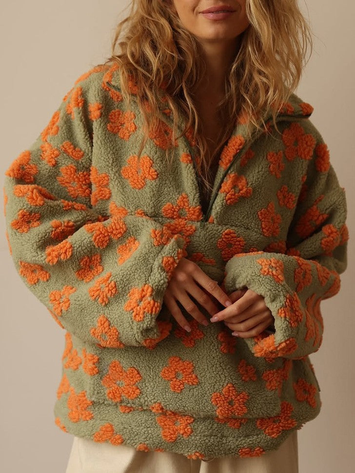 Cozy Sherpa Half Zip Jacket with Flower Pattern - YellowGreen - 2