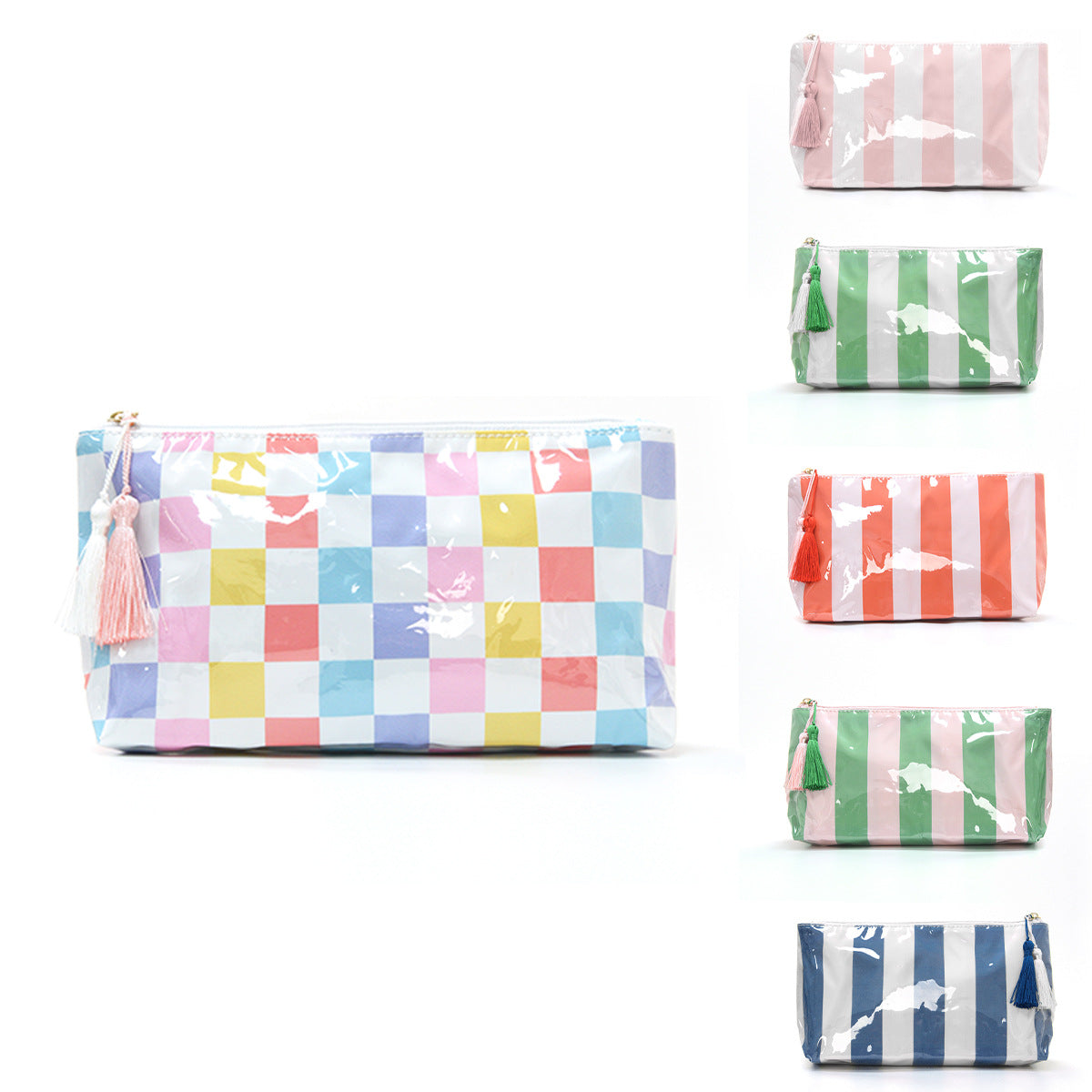 Wide Stripe Toiletry Bag With Tassel Zip - PGreen - 2