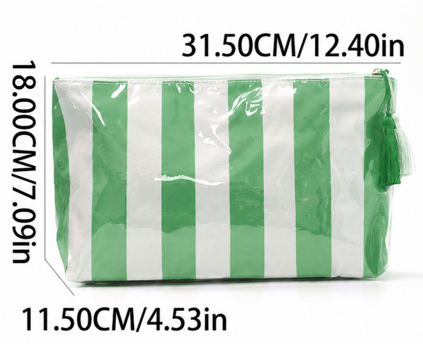 Wide Stripe Toiletry Bag With Tassel Zip - PGreen - 4