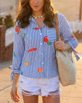 Coastal Crab Motif Striped Button Down Shirt - Blue