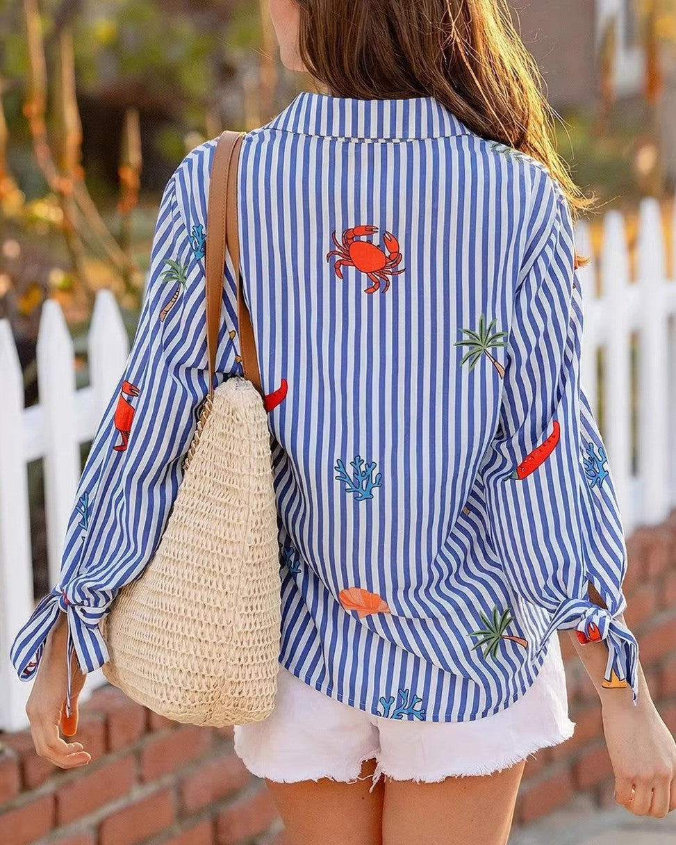 Coastal Crab Motif Striped Button Down Shirt - Blue - 2