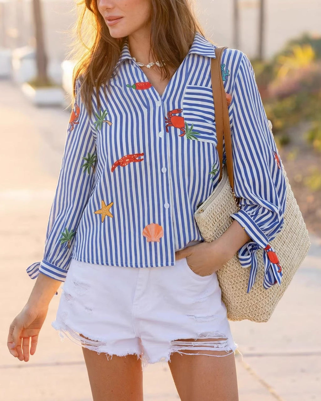 Coastal Crab Motif Striped Button Down Shirt - Blue - 3