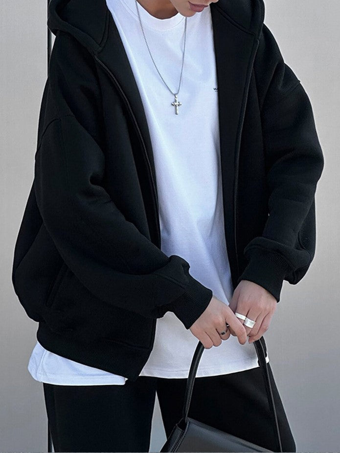 Zip Hoodie and Jogger Two Piece Set - Black - 1