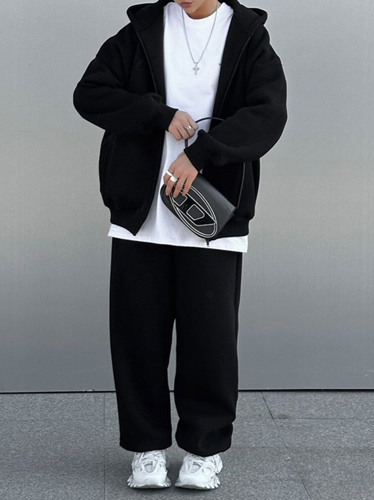 Zip Hoodie and Jogger Two Piece Set - Black - 2
