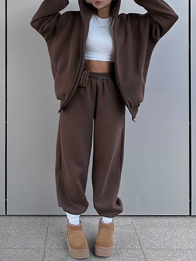 Zip Hoodie and Jogger Two Piece Set - Coffee - 1
