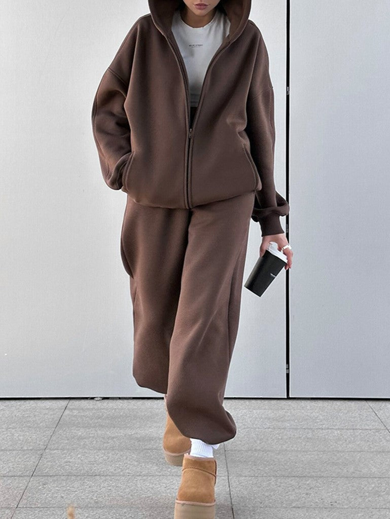 Zip Hoodie and Jogger Two Piece Set - Coffee - 2