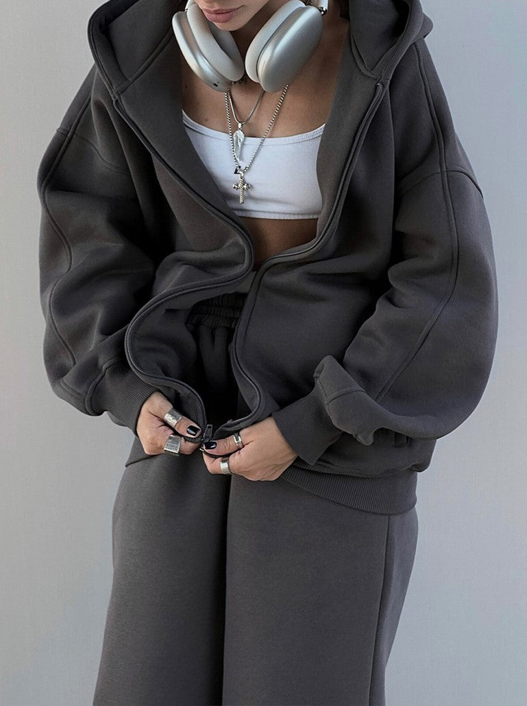 Zip Hoodie and Jogger Two Piece Set - Darkgrey - 2