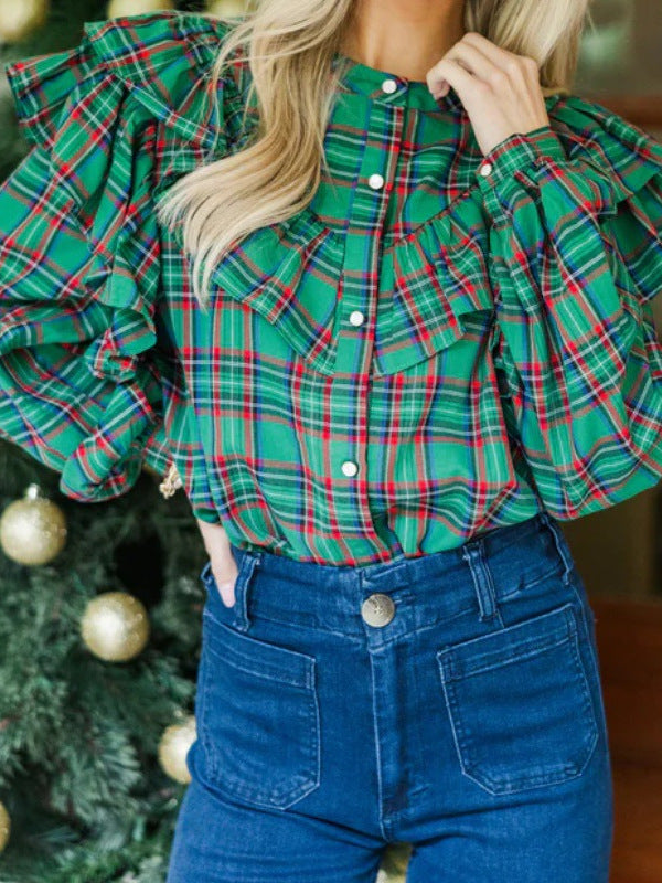 Tartan Plaid Ruffled Shoulder Button Blouse - Green