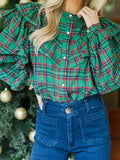 Tartan Plaid Ruffled Shoulder Button Blouse - Green