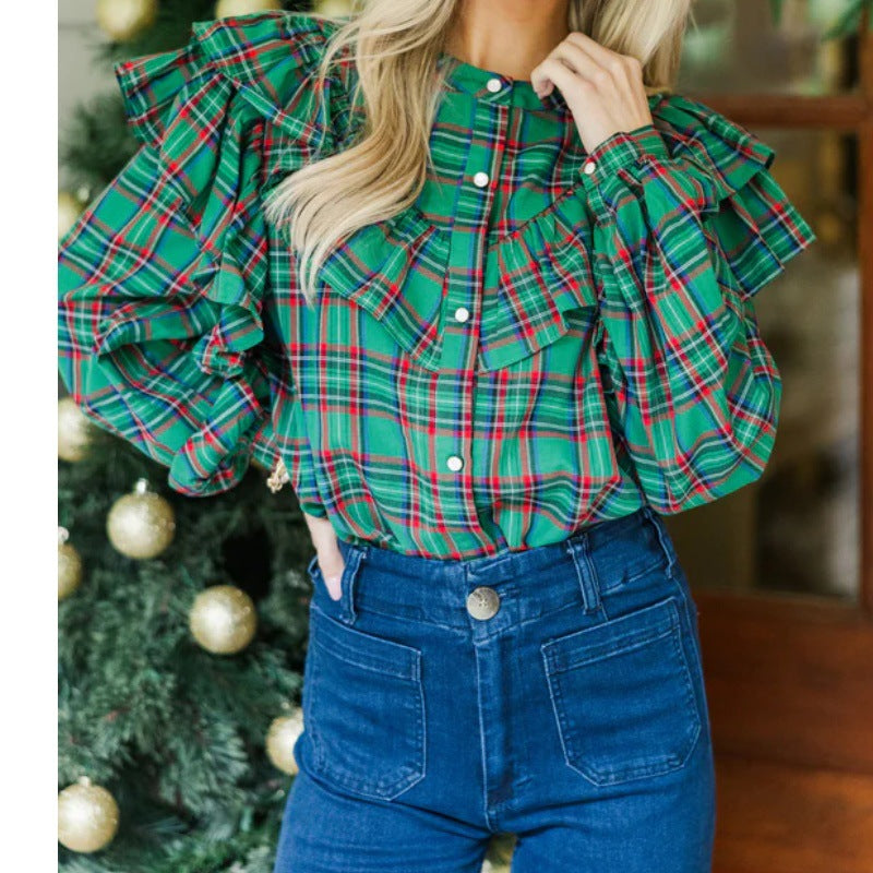 Tartan Plaid Ruffled Shoulder Button Blouse - Green - 1