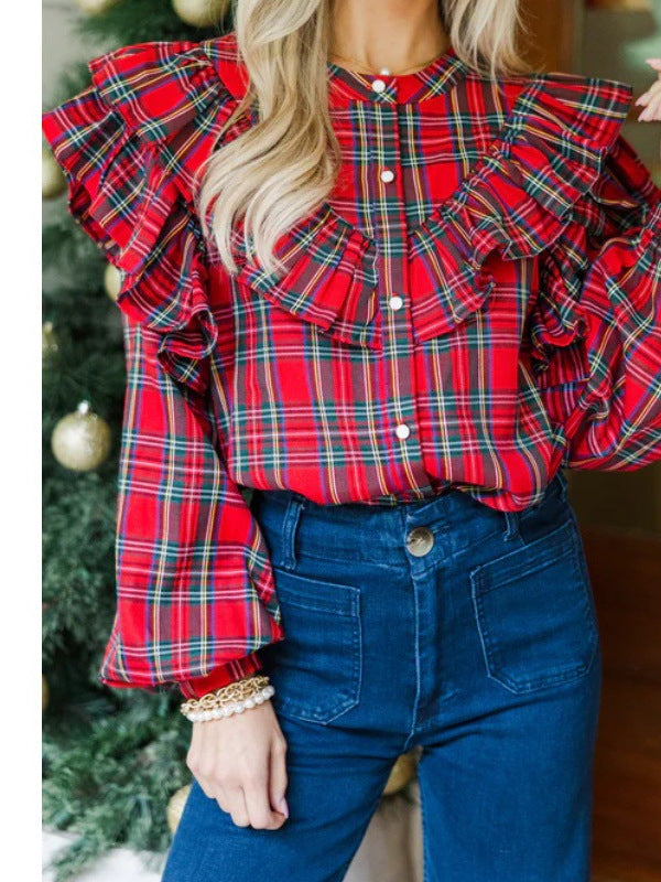 Tartan Plaid Ruffled Shoulder Button Blouse - Red - 1