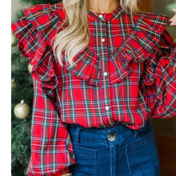 Tartan Plaid Ruffled Shoulder Button Blouse - Red - 2