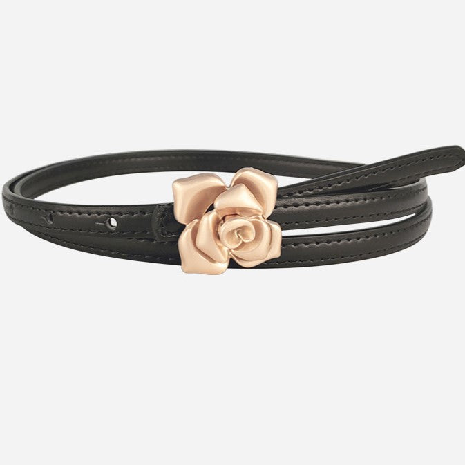 Vintage Rose Buckle Skinny Waist Belt - Black