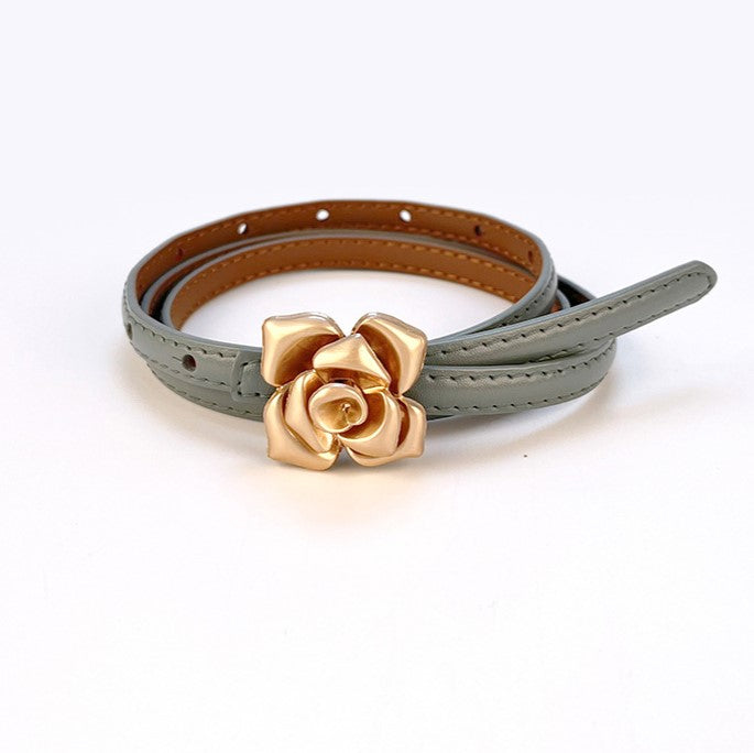 Vintage Rose Buckle Skinny Waist Belt - Bluegrey